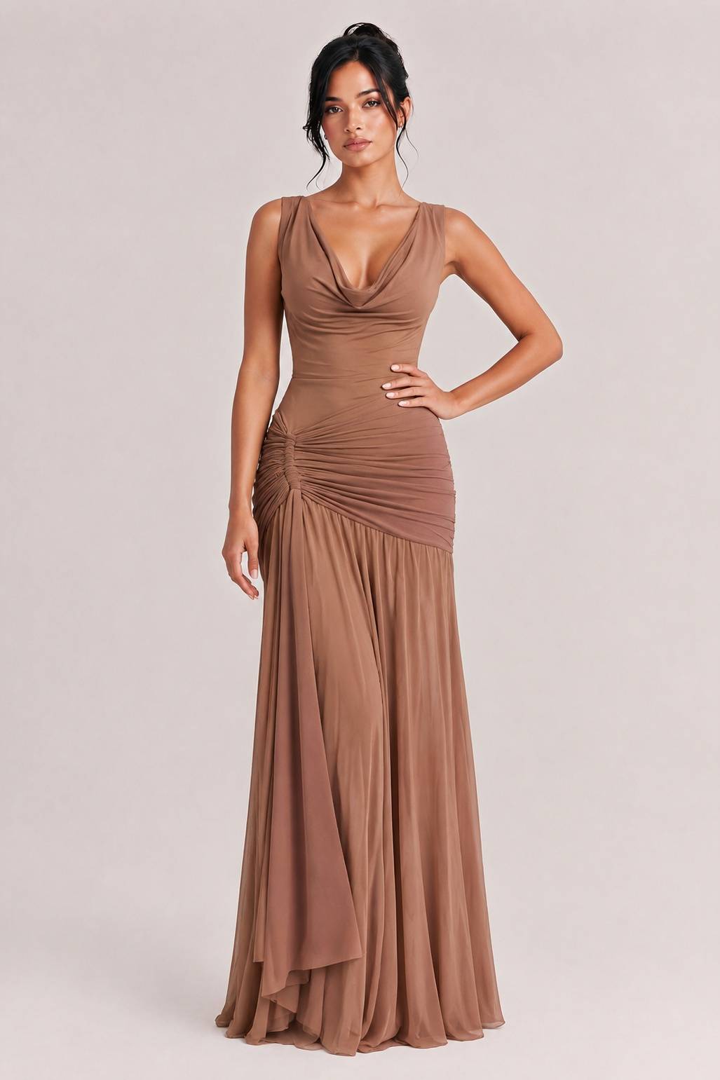 Sexy Cowl Neck Ruched Maxi Dress