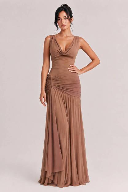 Sexy Cowl Neck Ruched Maxi Dress