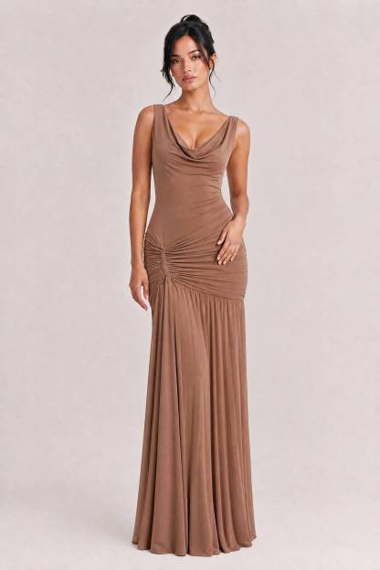 Sexy Cowl Neck Ruched Maxi Dress