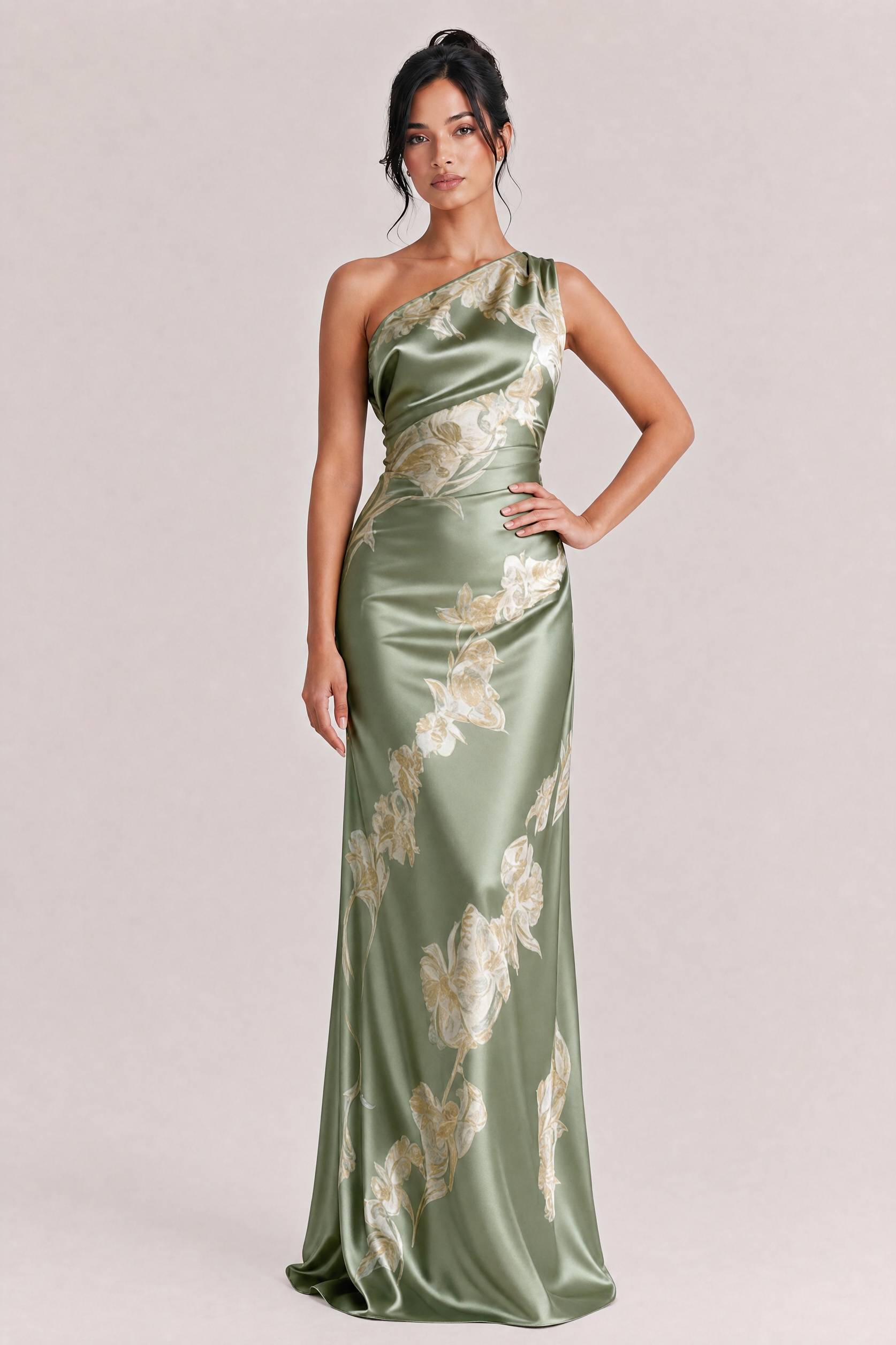 Elegant One-shoulder Floral Satin Maxi Dress