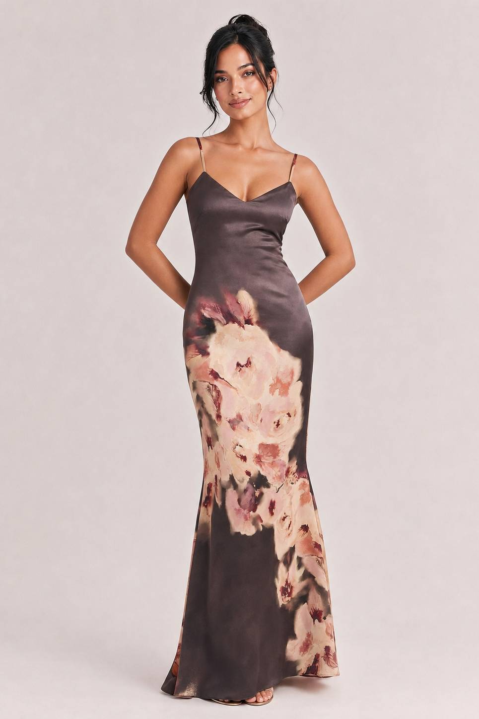 Sexy Dark Brown Rose Floral Print Maxi Dress