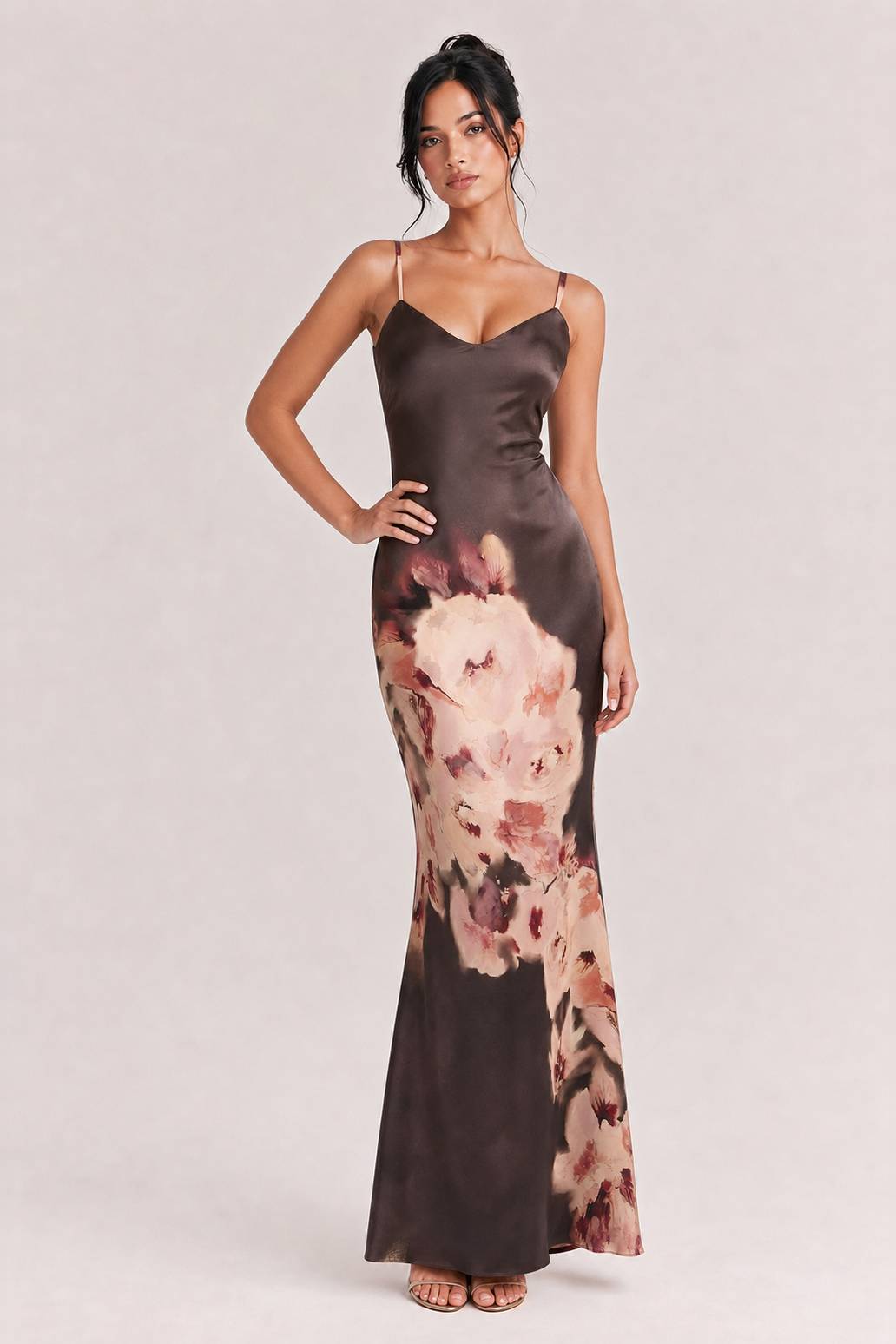 Sexy Dark Brown Rose Floral Print Maxi Dress