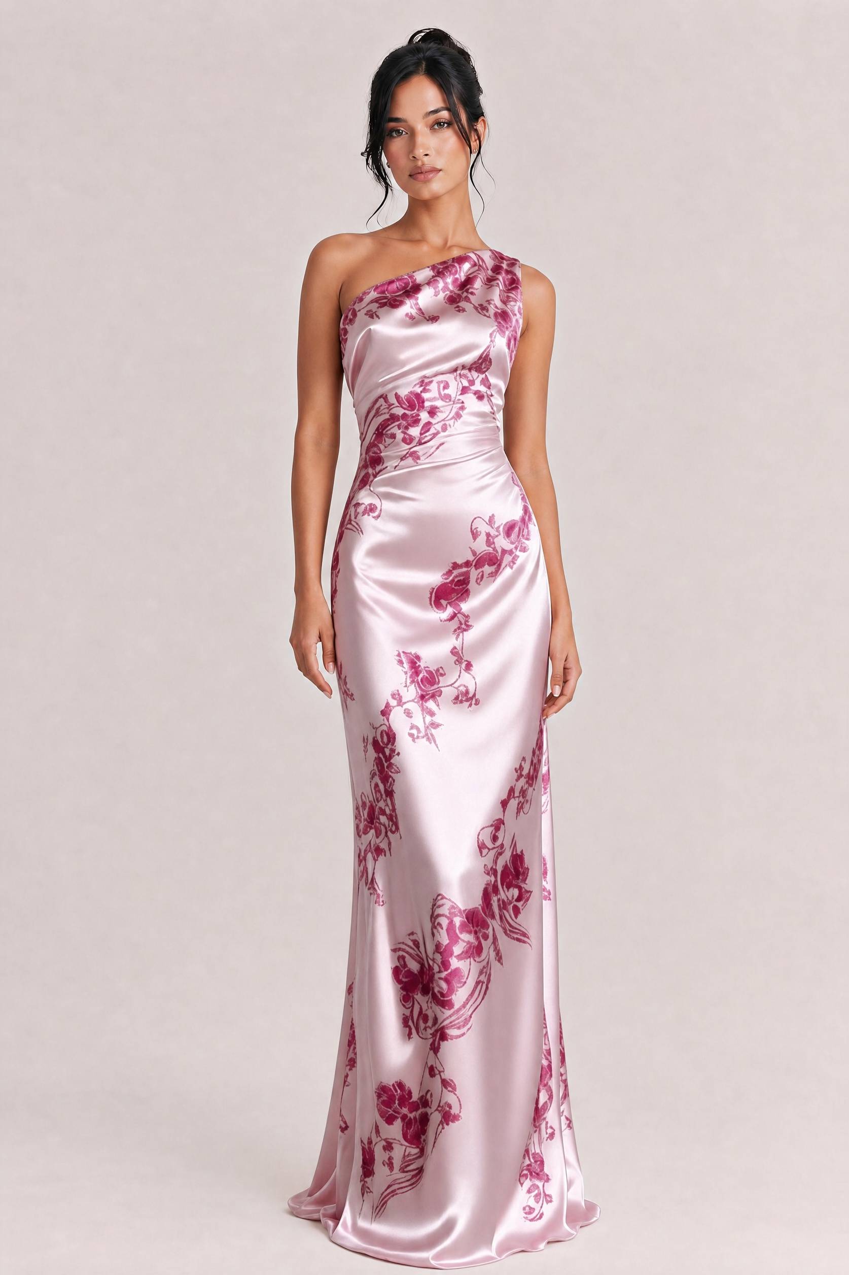 Elegant One-shoulder Floral Satin Maxi Dress