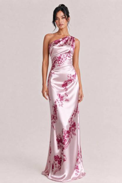 Elegant One-shoulder Floral Satin Maxi Dress