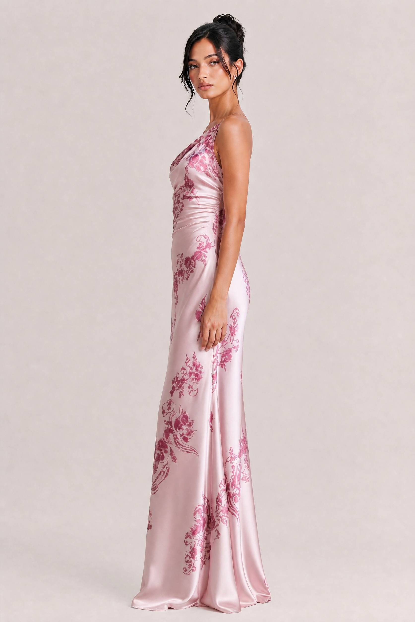 Elegant One-shoulder Floral Satin Maxi Dress