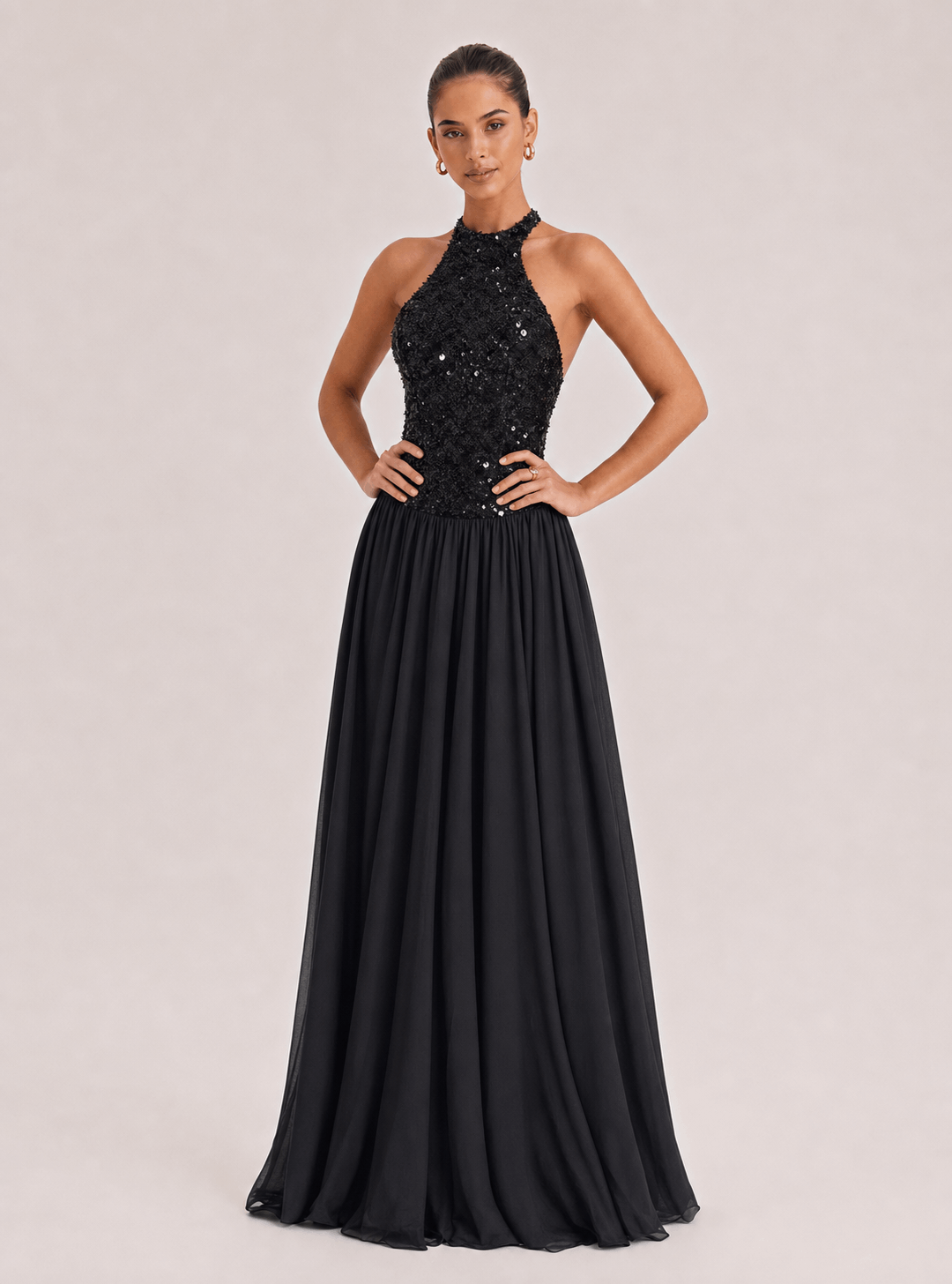 Charm Contour Backless Pleated Gauze Sequin Maxi Dress