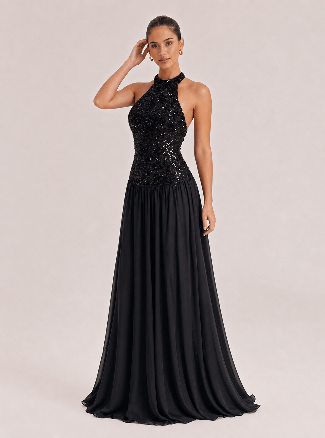 Charm Contour Backless Pleated Gauze Sequin Maxi Dress