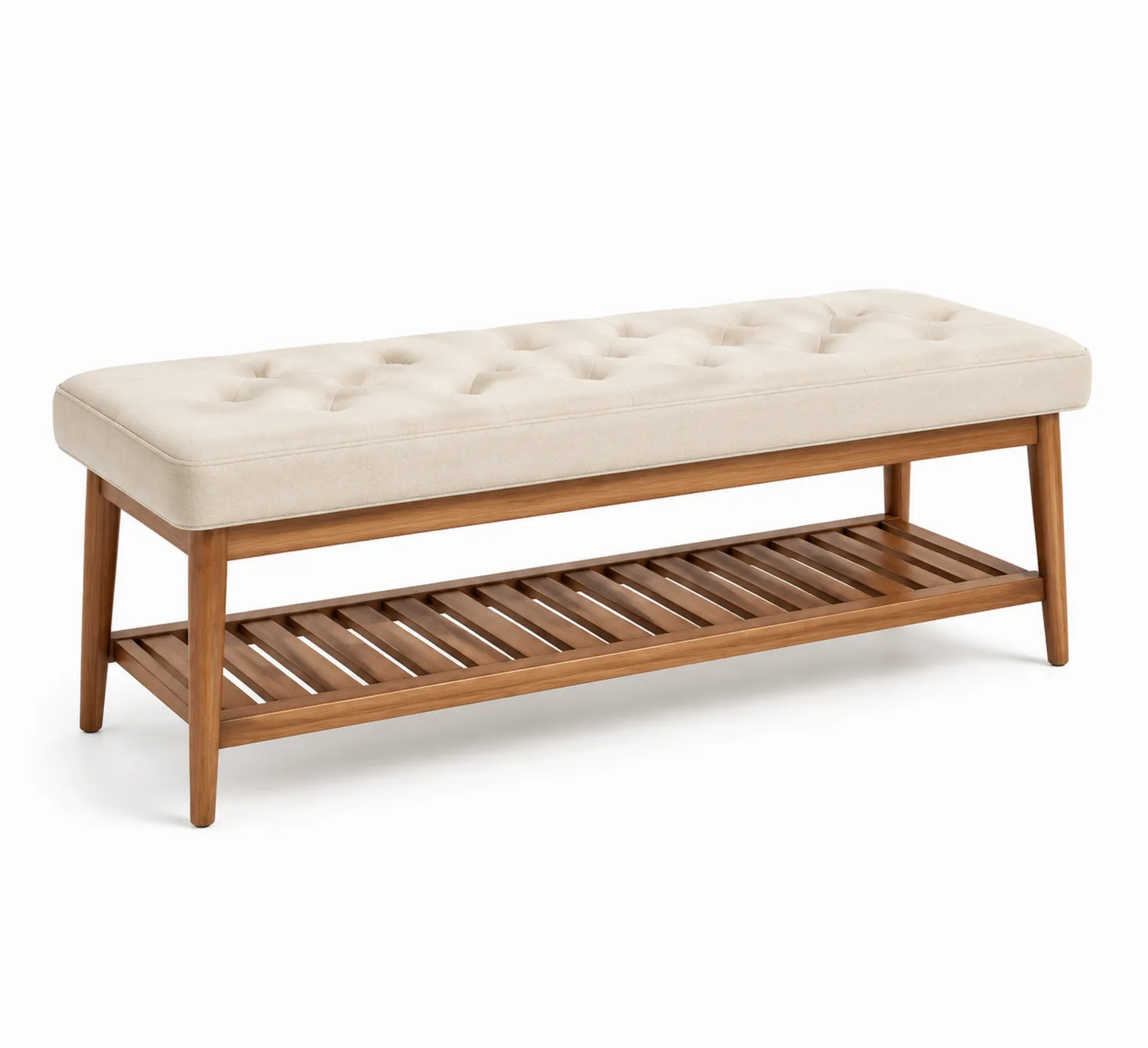 Banco de madera con asiento acolchado en color beige con almacenamiento