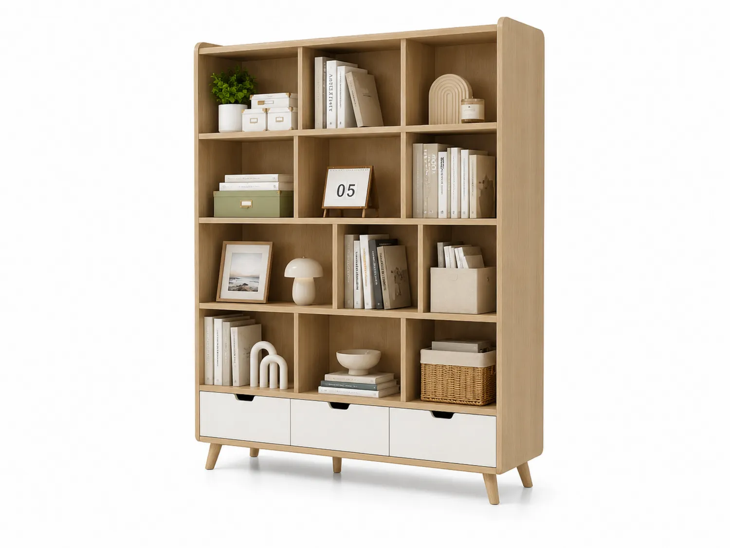 Estantería de Madera de Roble con Cajones Blancos 120x180x30 cm