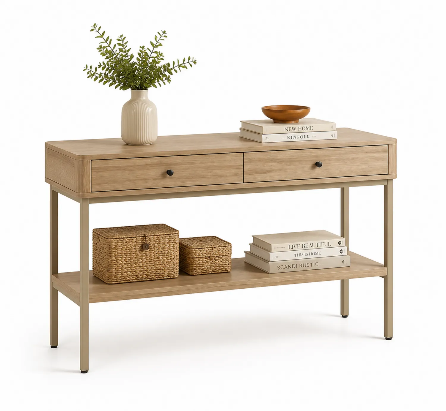 Mesa consola de madera de roble y metal con cajones