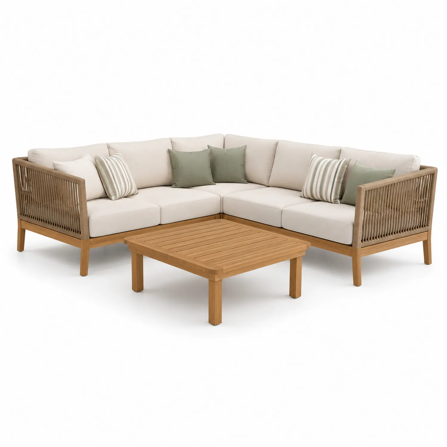 Sofá modular en esquina de madera con cojines color crema y verde