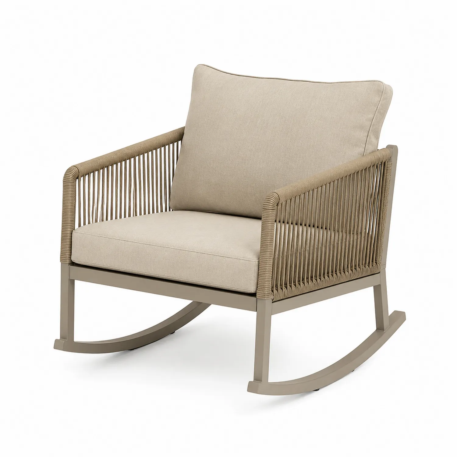 Silla mecedora de aluminio y cuerda con cojín beige