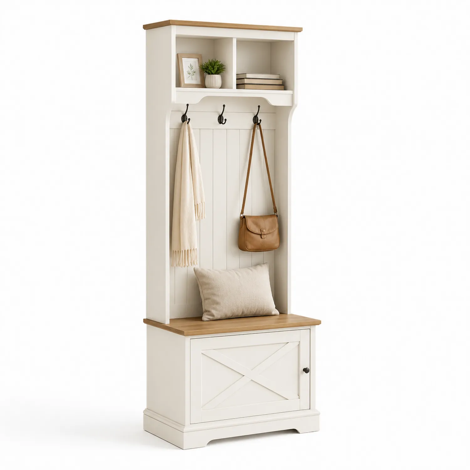 Perchero de Entrada de Madera de Pino con Banco de Almacenamiento Blanco/Roble 180x90x45cm