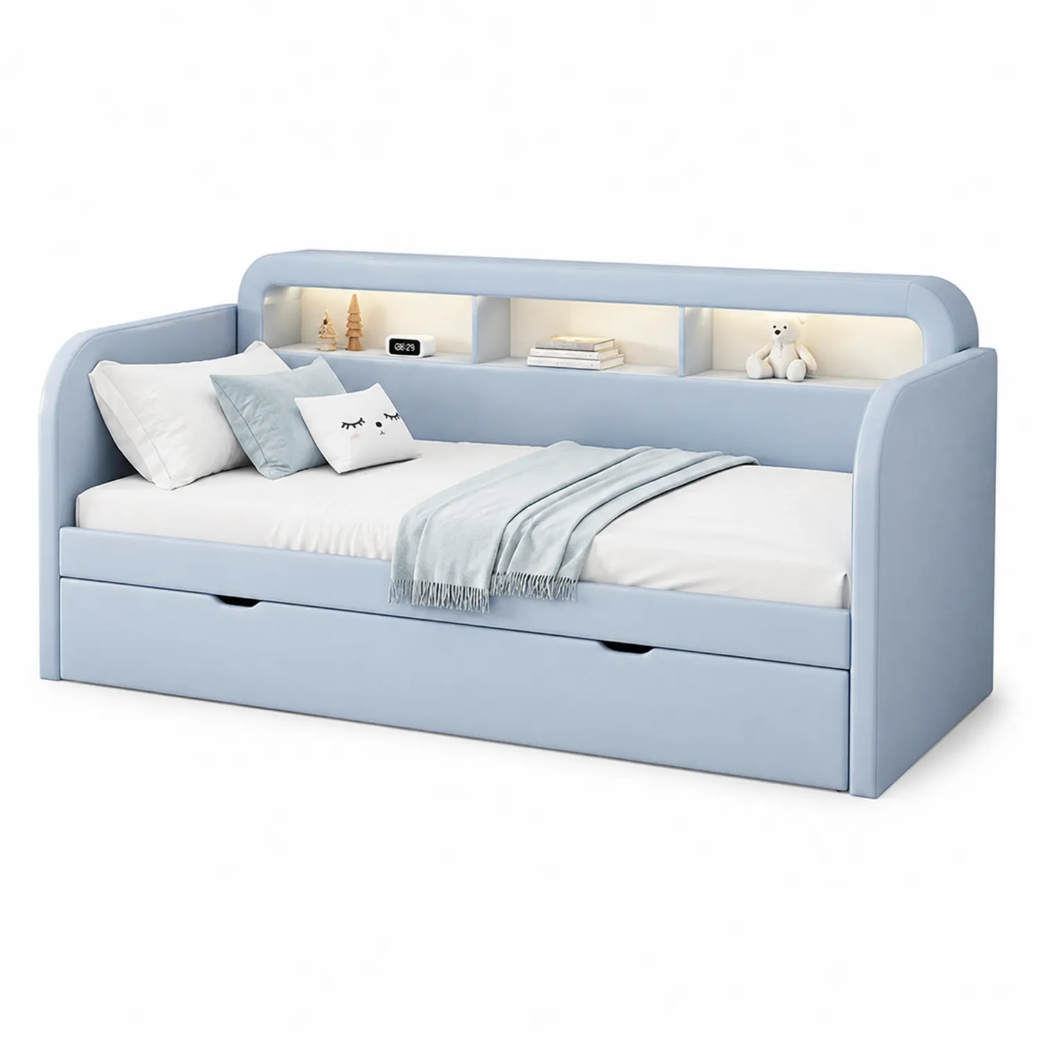 Cama de Madera Azul Claro con Estantes y Cajón 200x90 cm