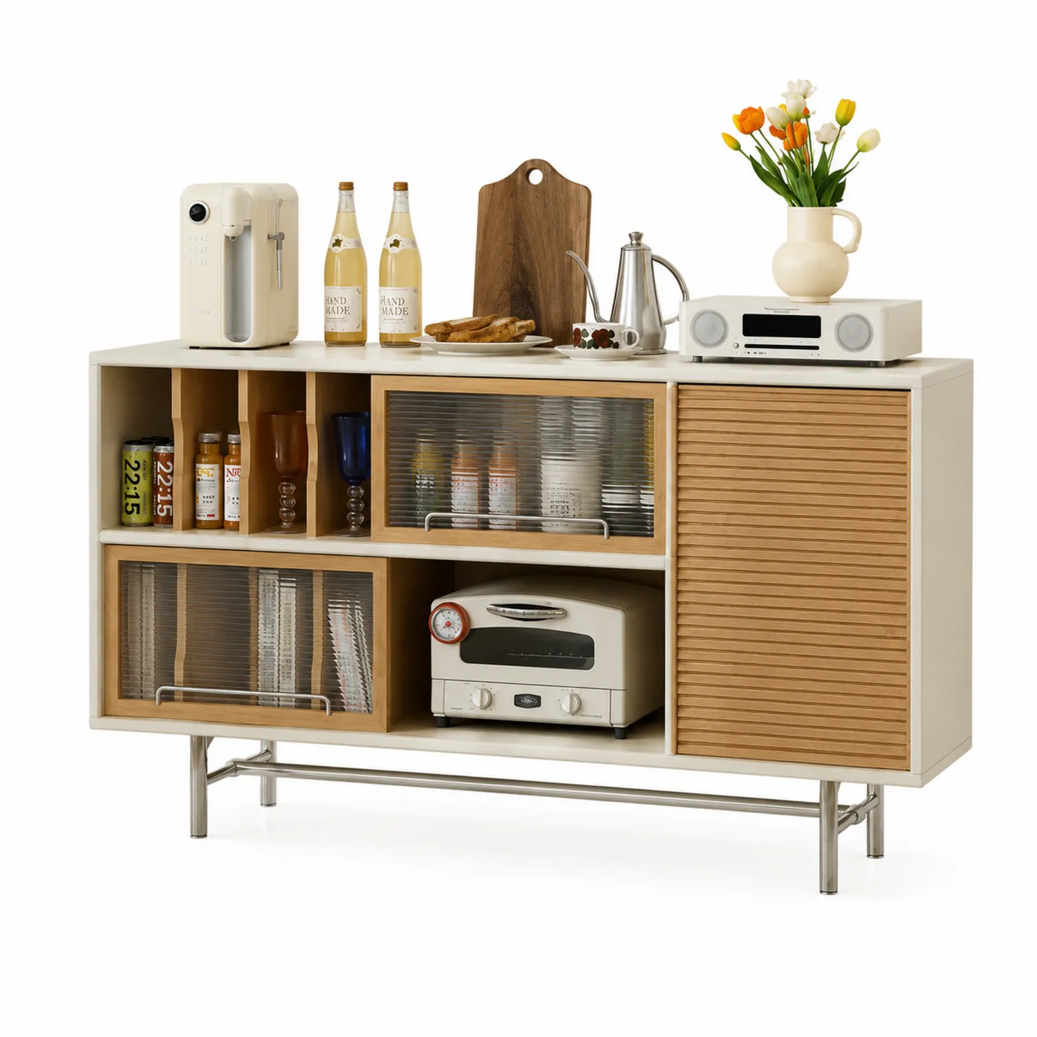 Aparador de madera y metal con puertas correderas, 150x75x40 cm