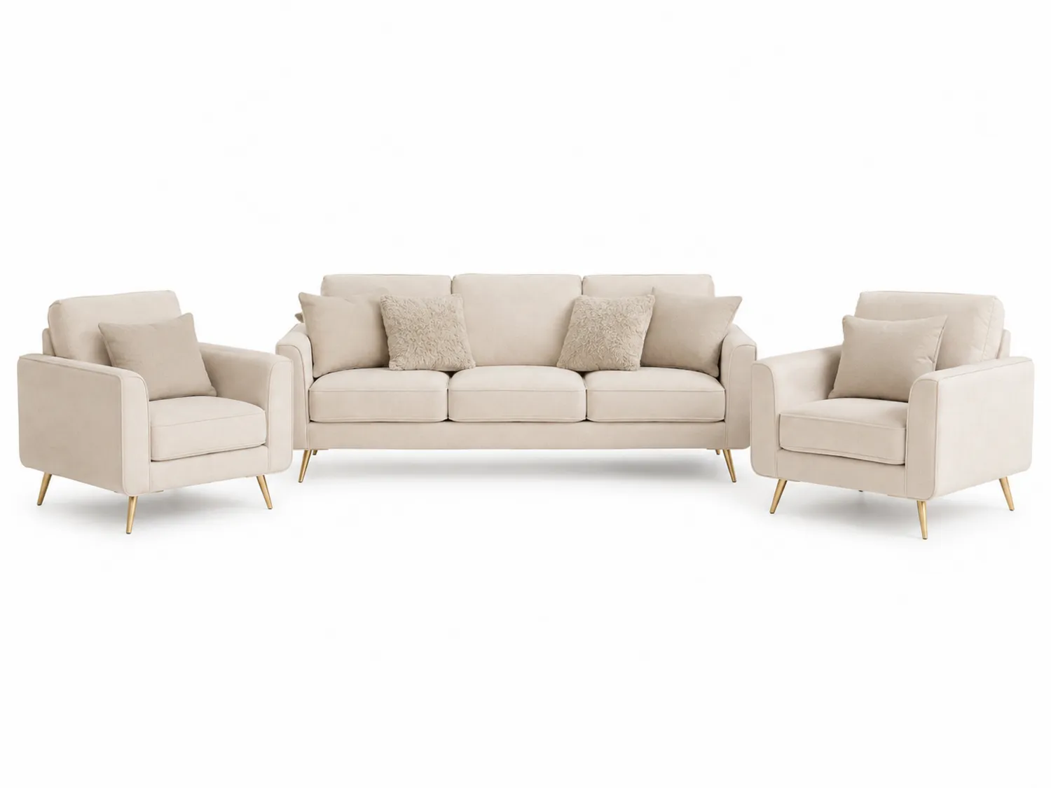 Conjunto de Sofás de Terciopelo Beige 3+1+1 Plazas con Estructura de Madera y Patas Metálicas