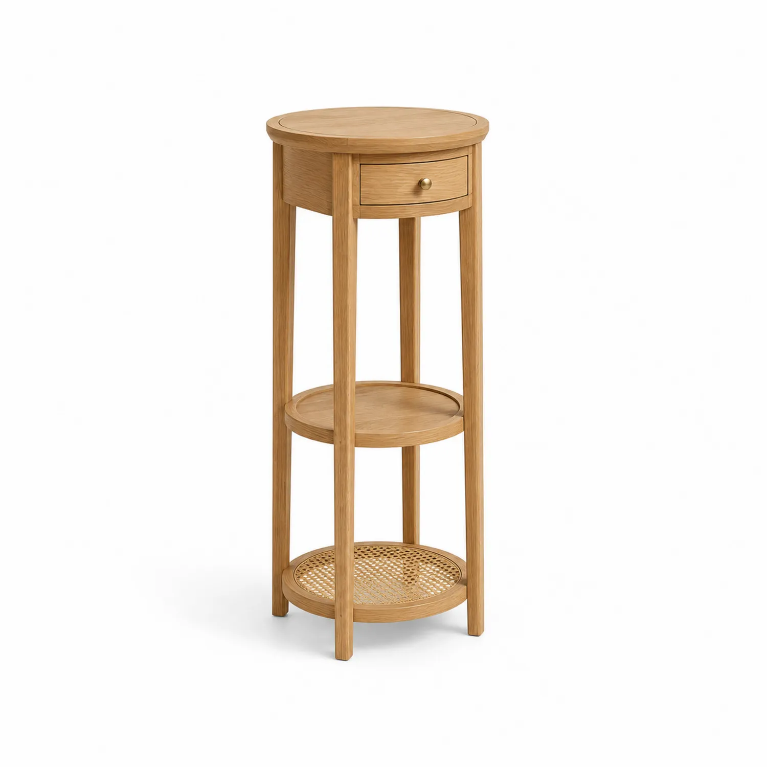 Mesa auxiliar de madera de roble con estante de ratán y cajón