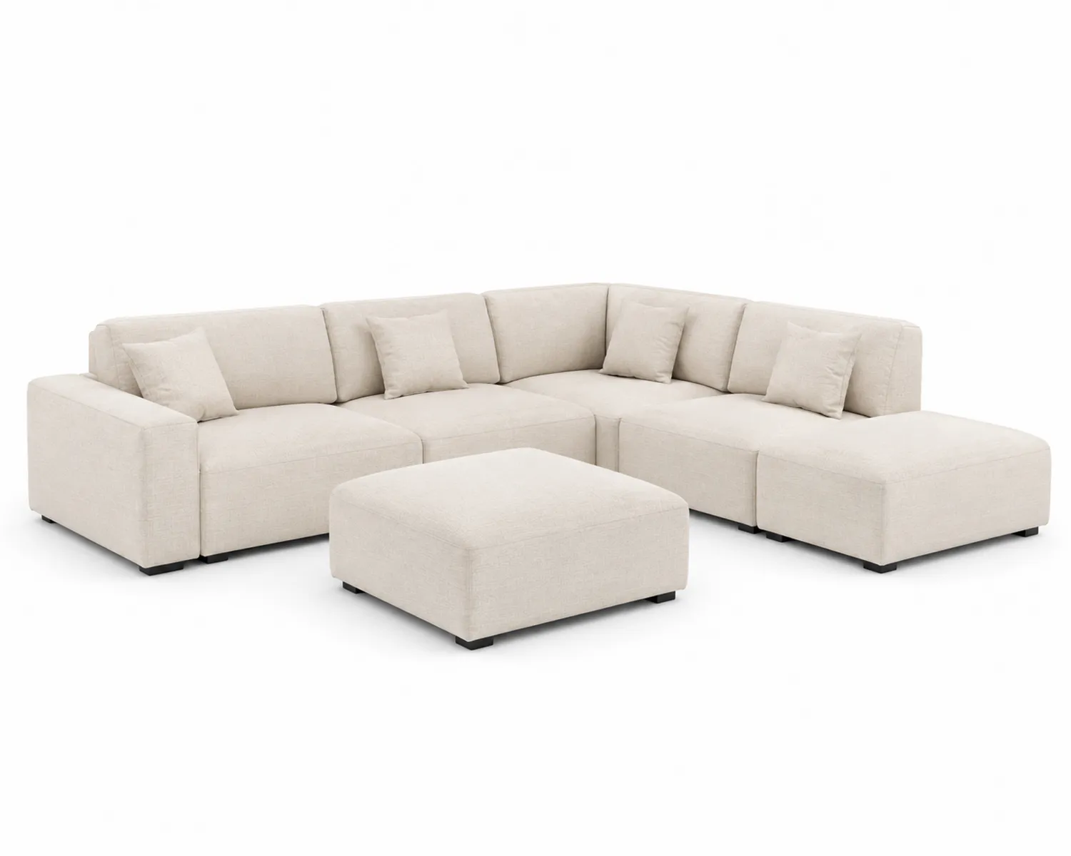 Sofá esquinero modular de tela beige con otomana
