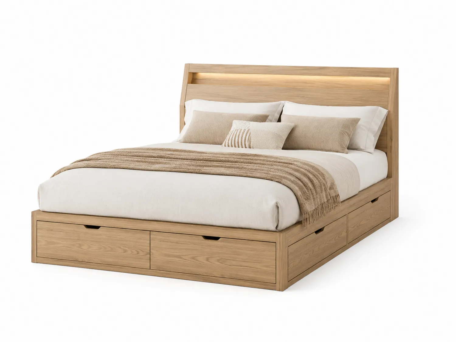 Cama de Madera de Roble con Almacenamiento y Colchón