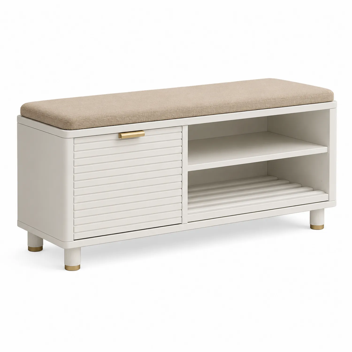 Banco de madera MDF con almacenamiento para zapatos y cojín de poliéster beige 100x40x45cm