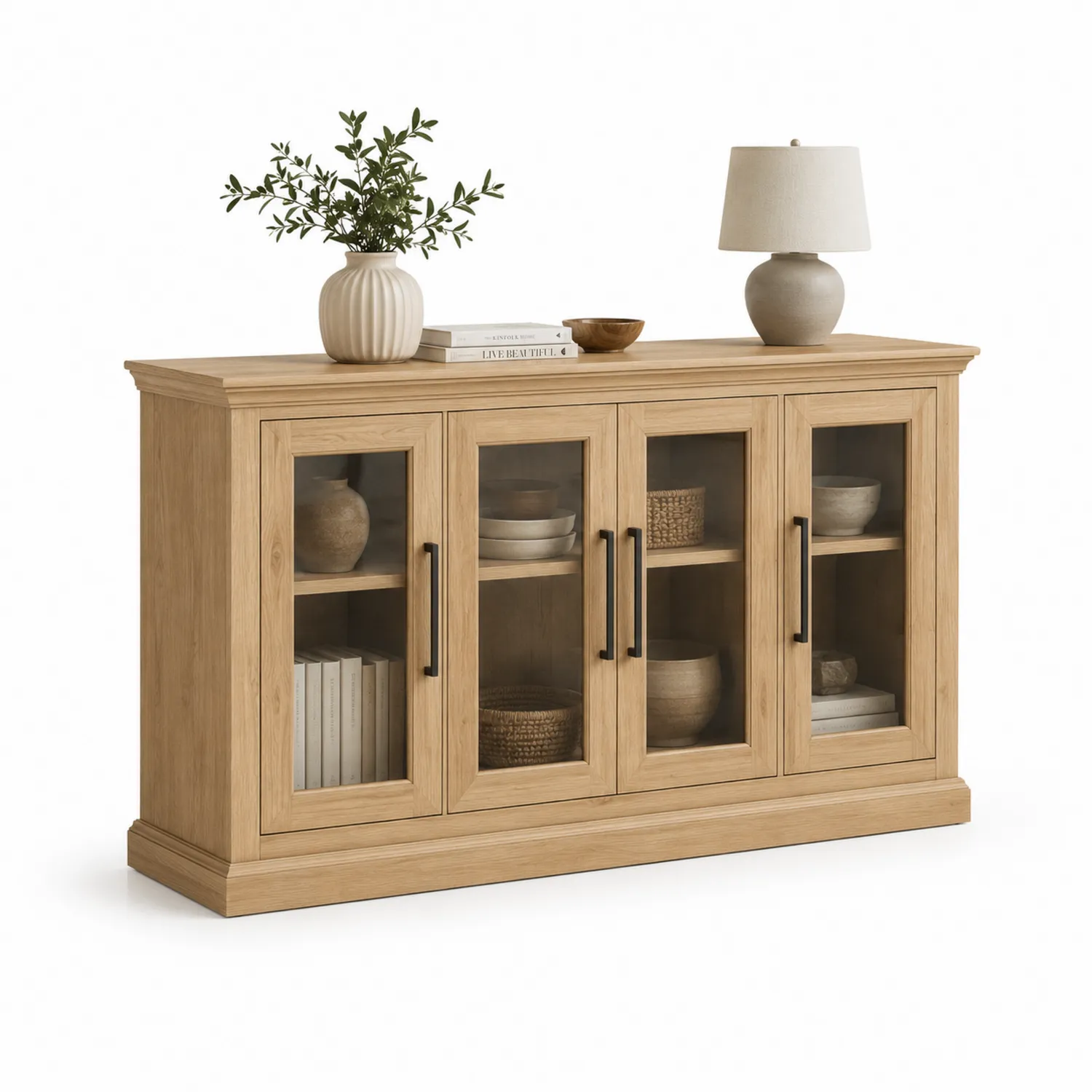 Aparador de madera de roble con puertas de vidrio templado