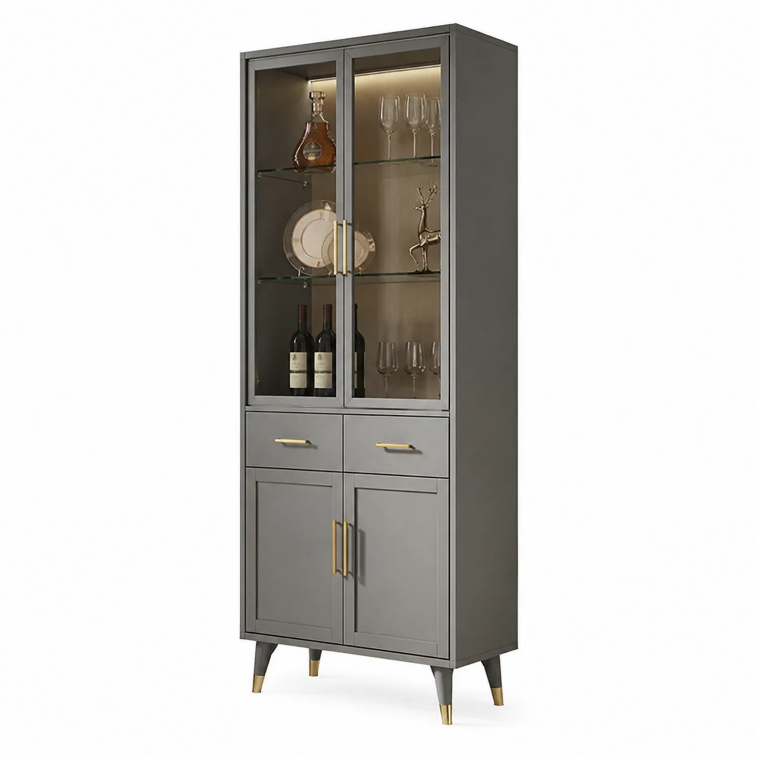 Vitrina alta gris de madera y vidrio templado