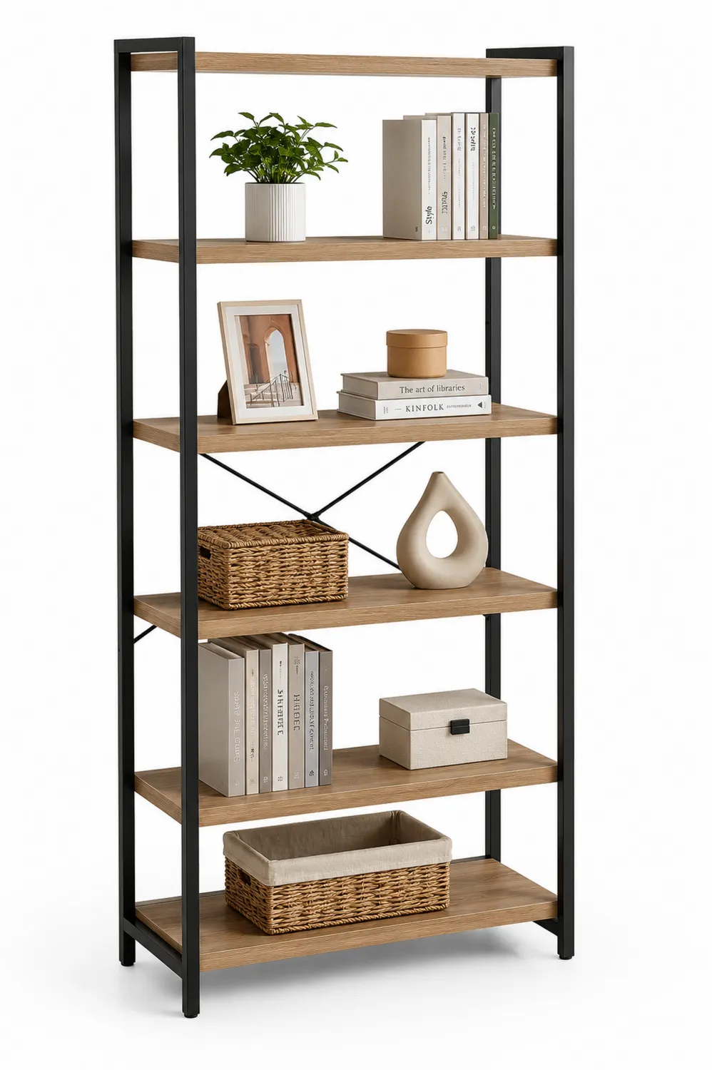 Estantería de madera y metal negro de 5 niveles 180x90x35 cm