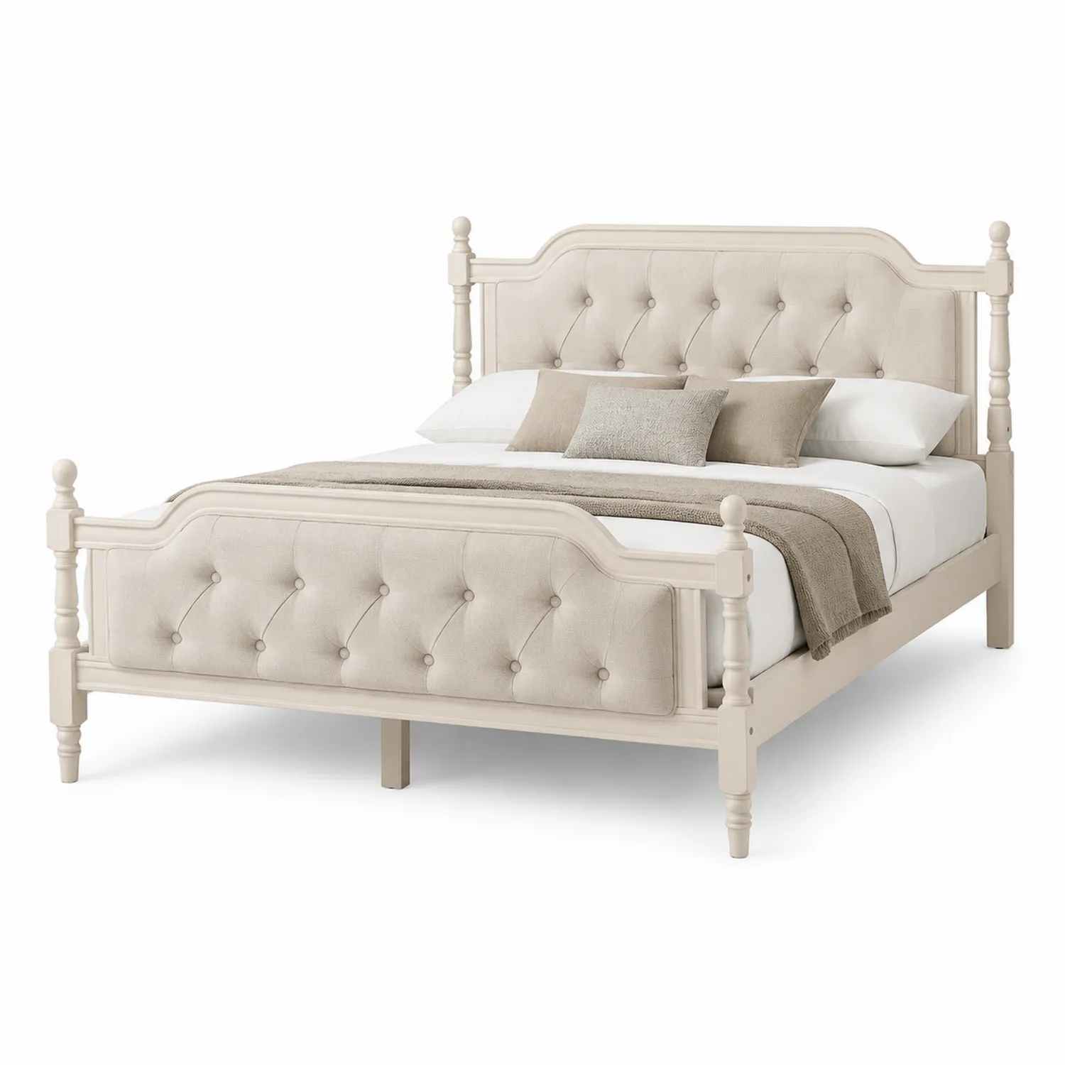Cama de Madera Beige con Cabecera de Terciopelo