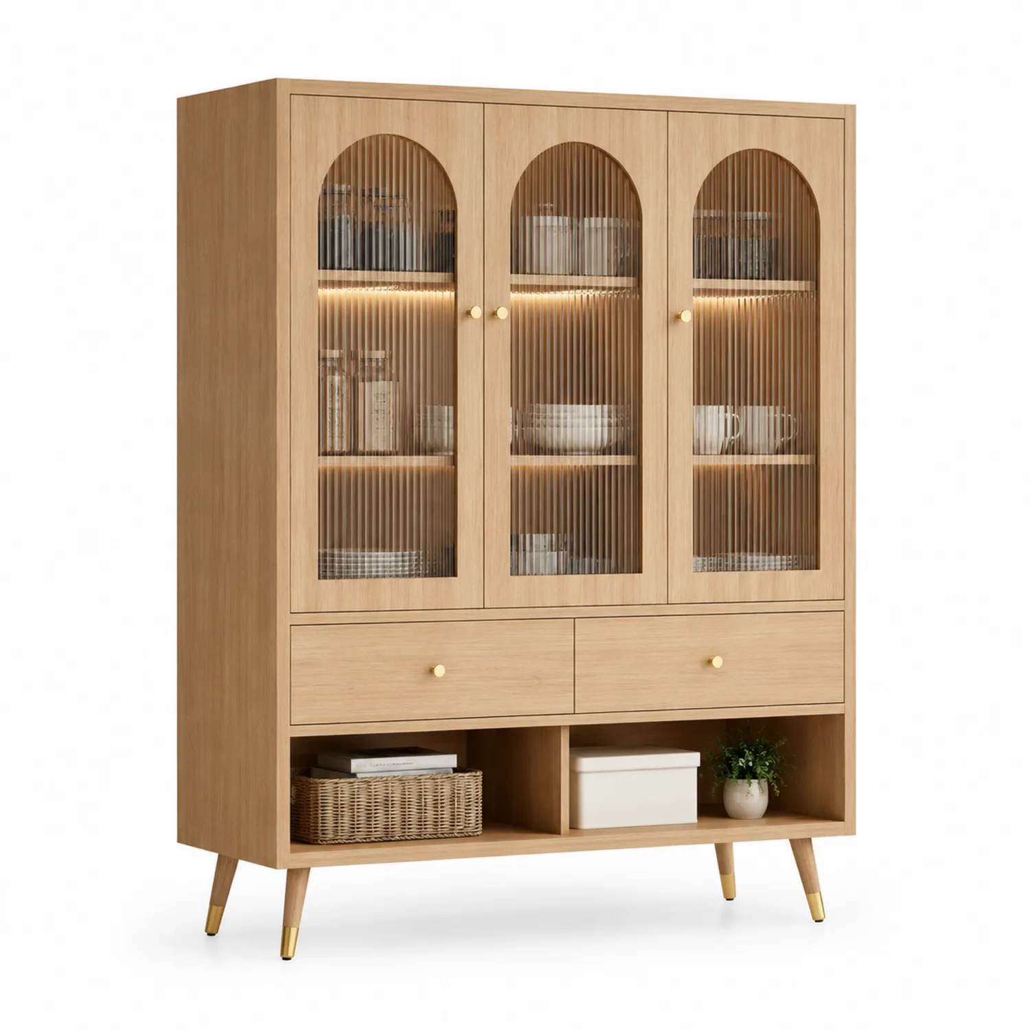 Aparador de madera de roble con puertas de vidrio templado acanalado