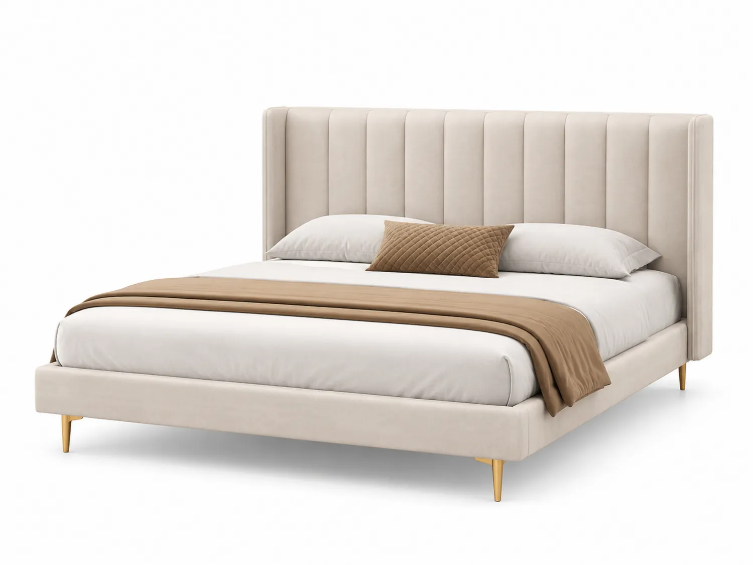 Cama de terciopelo con cabecera alta y patas de metal 160x200 cm