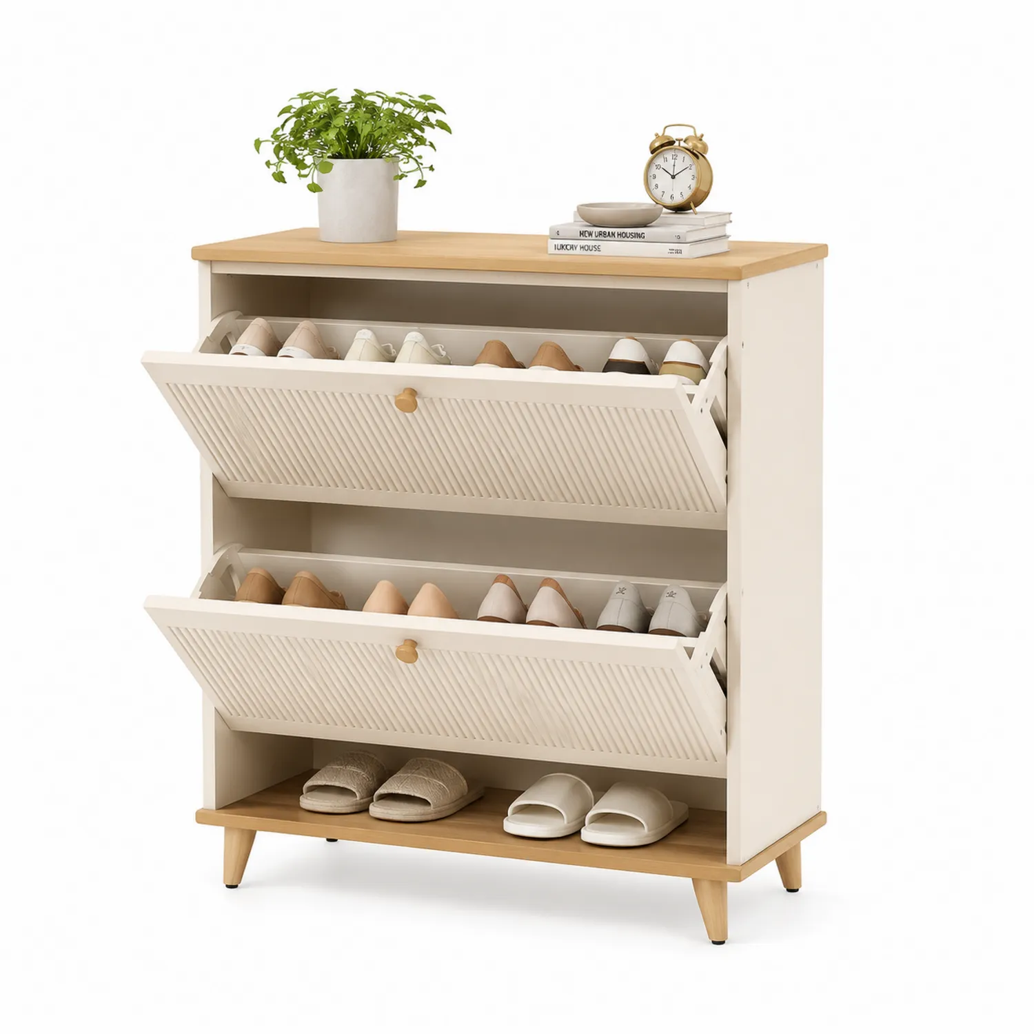 Zapatero de Madera MDF Blanco con Puertas Abatibles