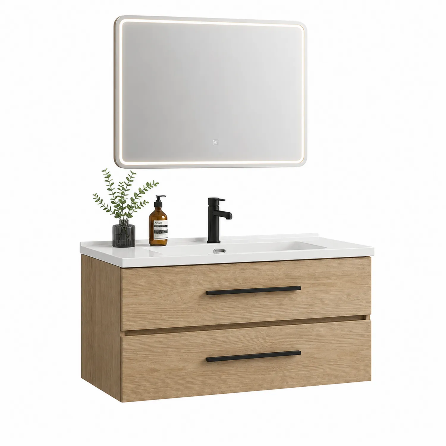 Mueble de baño con espejo LED de MDF y cerámica 100x50x45 cm