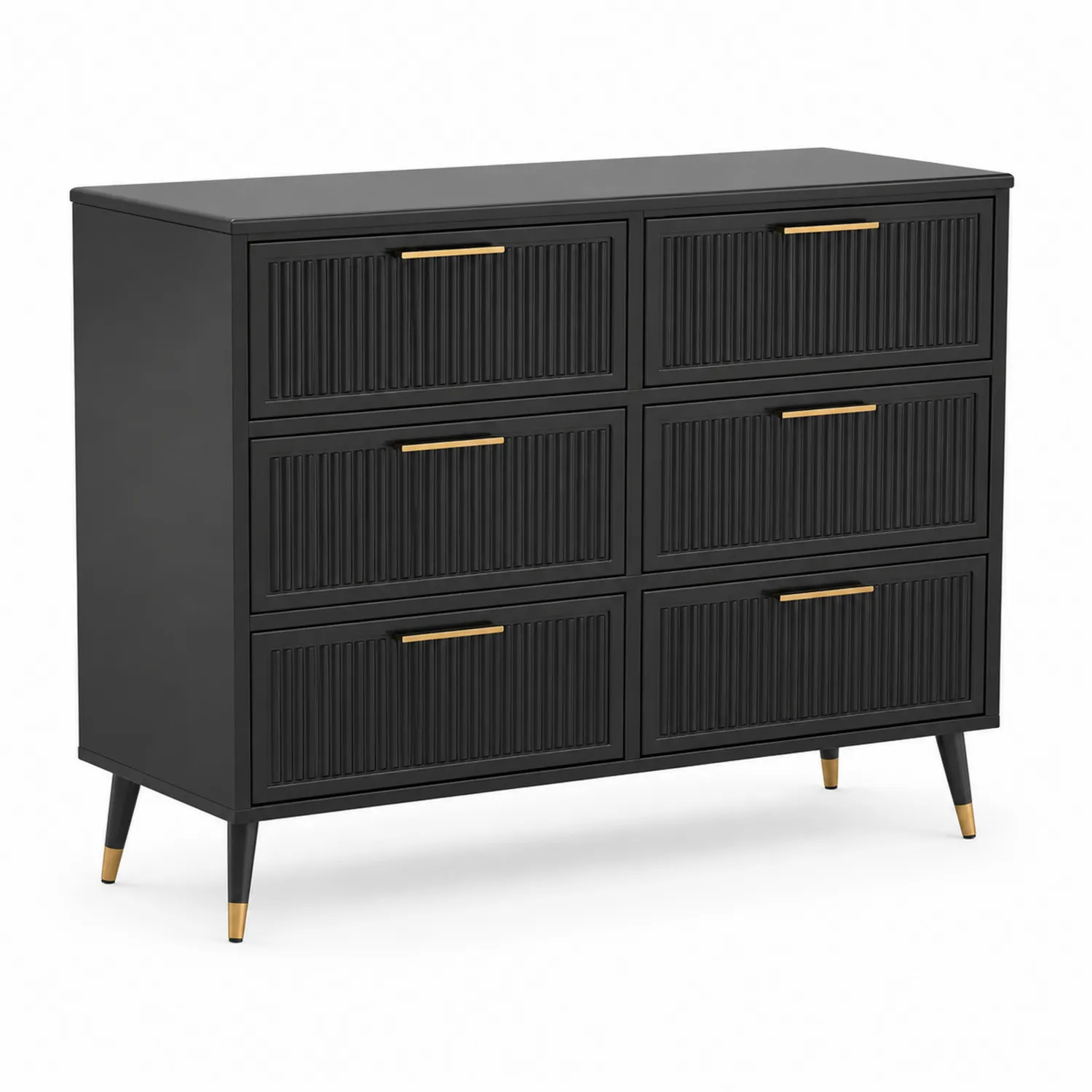 Cómoda de MDF negra con 6 cajones y tiradores de metal dorado