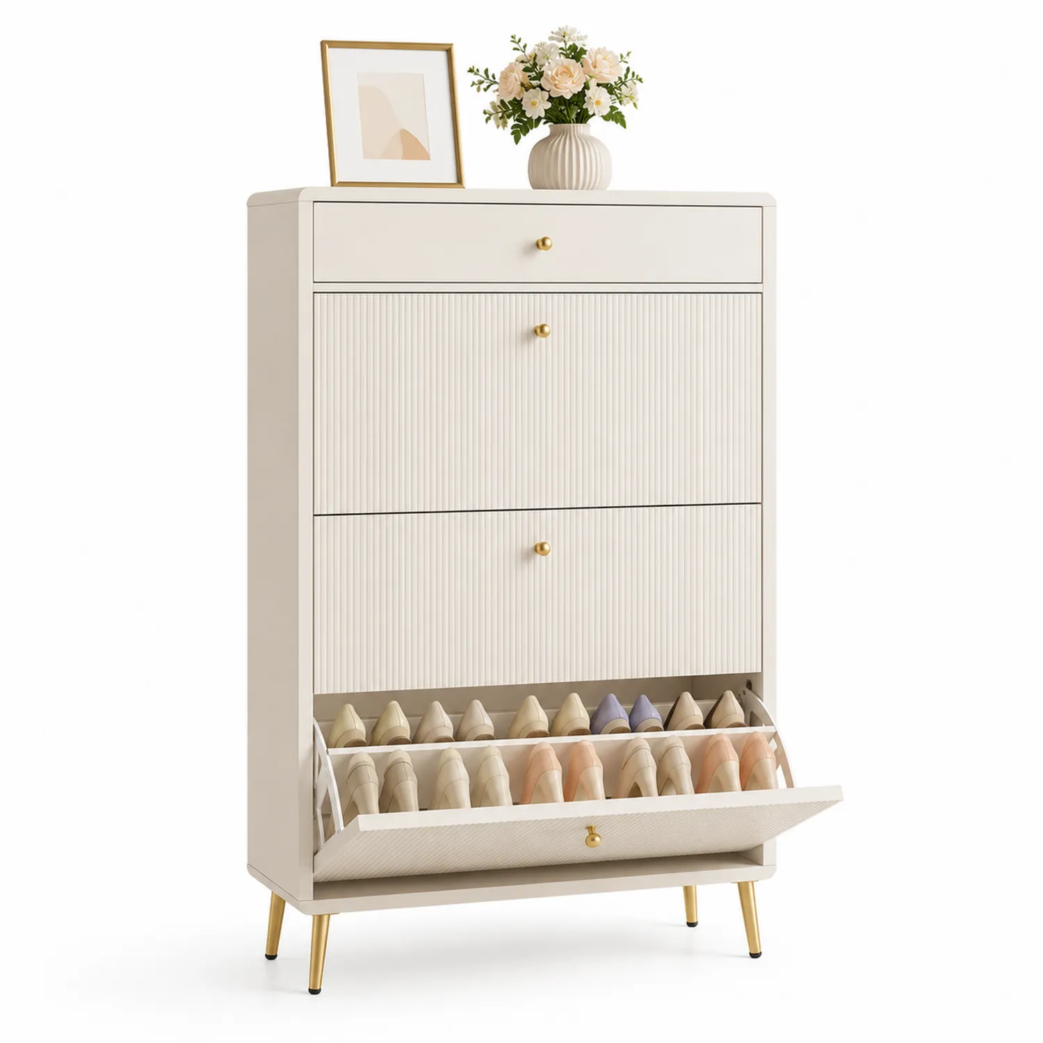 Zapatero de MDF Beige con Tiradores Dorados