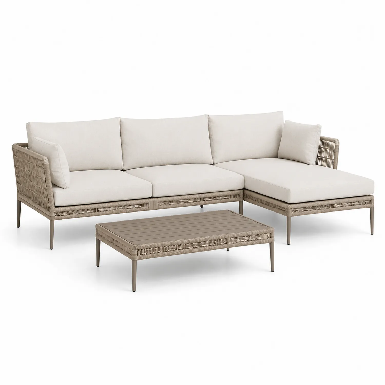 Sofá modular de jardín con mesa de aluminio y ratán sintético beige