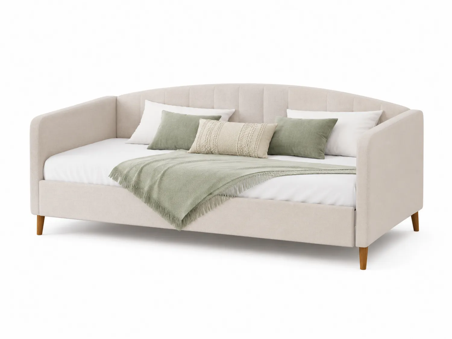 Cama diurna de tela beige con estructura de madera y cojines