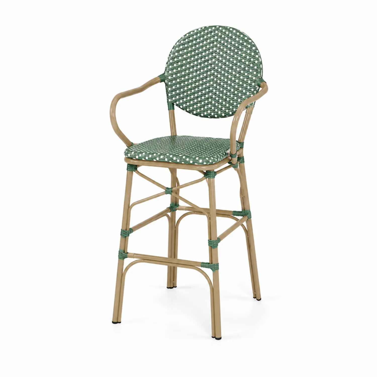 Tabouret de bar en rotin synthétique vert et aluminium avec dossiers
