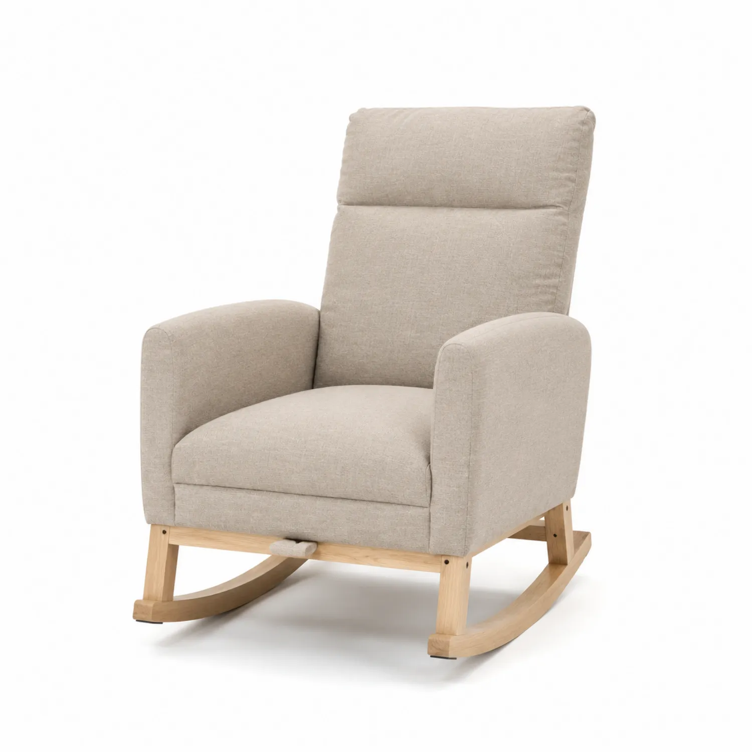 Fauteuil à bascule en tissu beige avec cadre en bois
