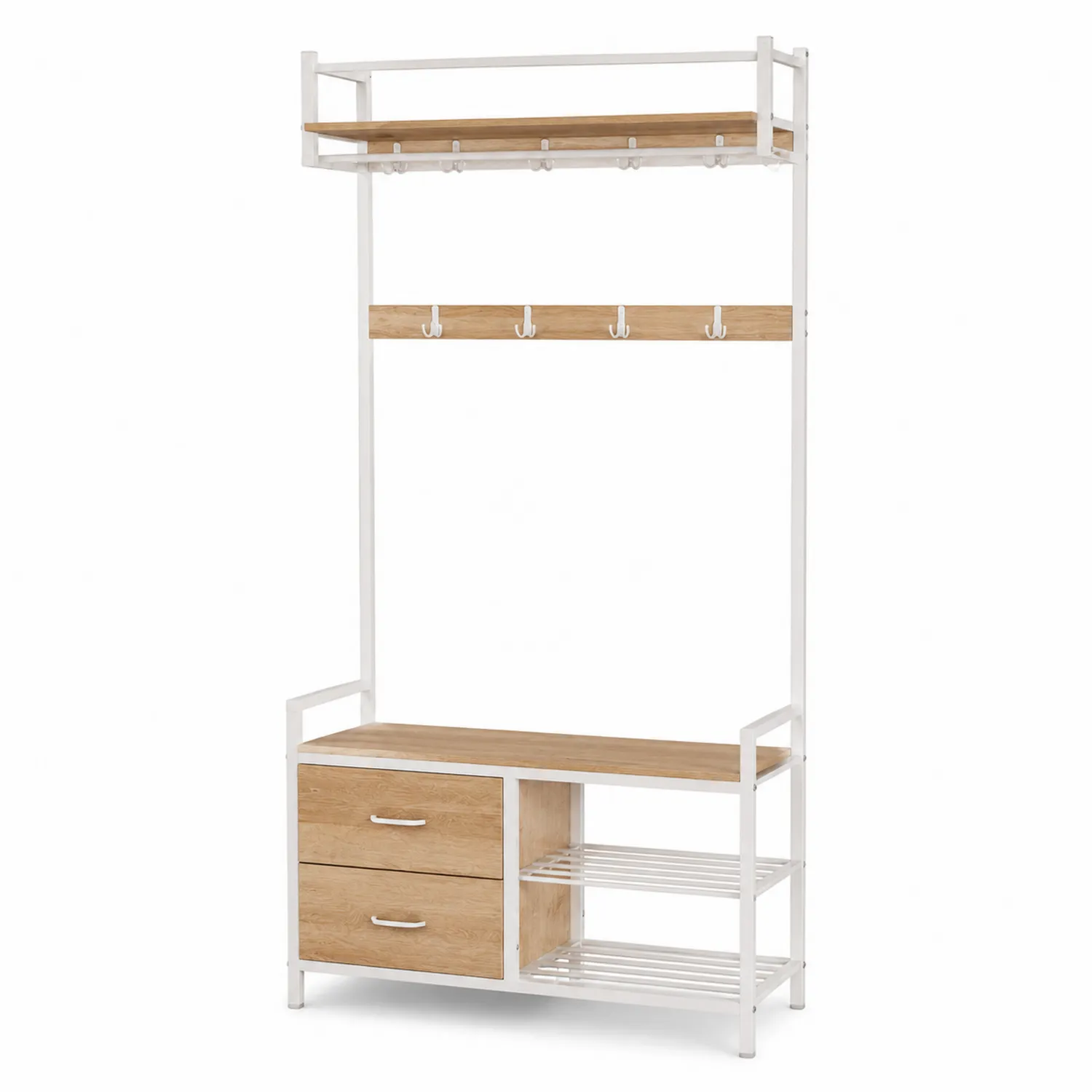 Portemanteau en Métal et Bois avec Étagère et Tiroirs Blanc/Chêne