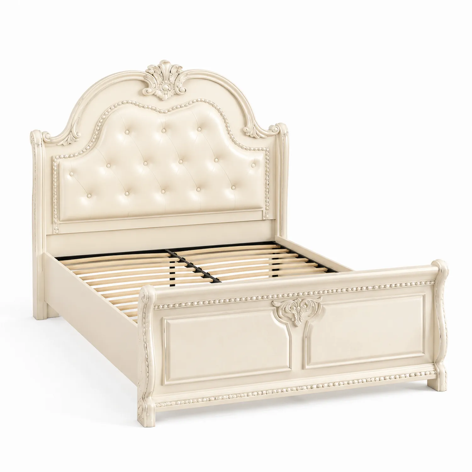 Lit en bois avec tête de lit en cuir synthétique Beige 200x160 cm