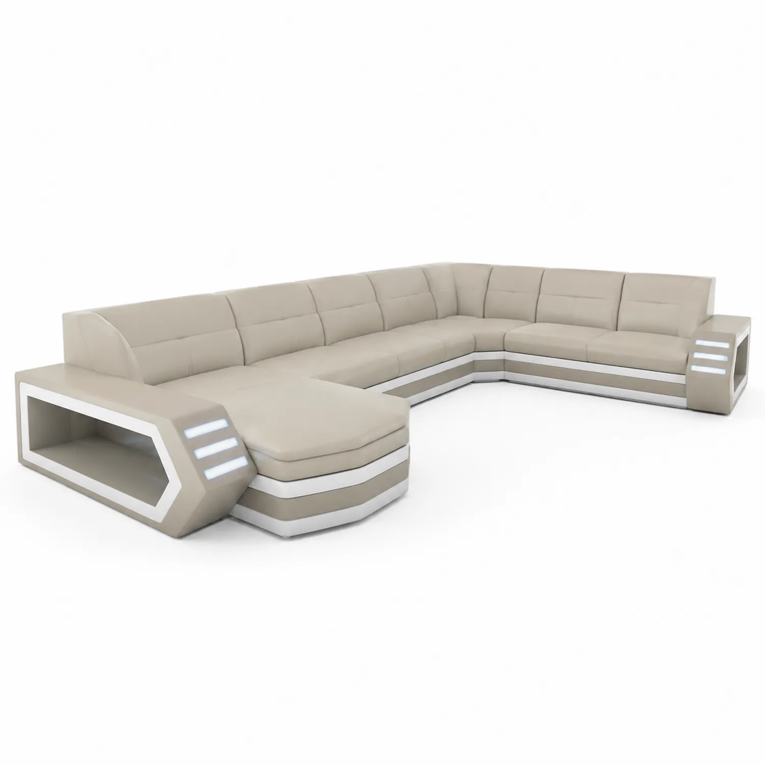 Canapé d'angle en U en similicuir beige avec éclairage LED