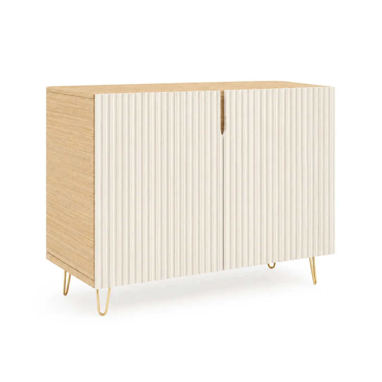 Buffet en bois avec pieds en métal doré et portes striées