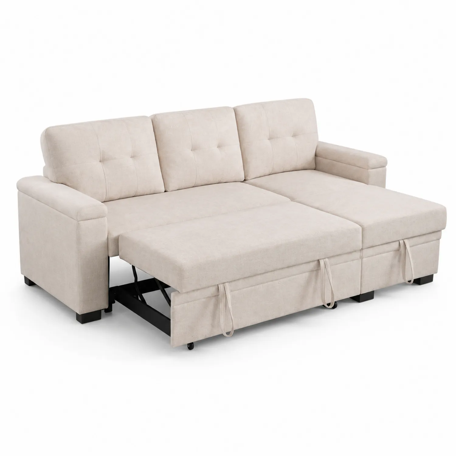 Canapé-lit convertible en tissu beige avec structure en bois