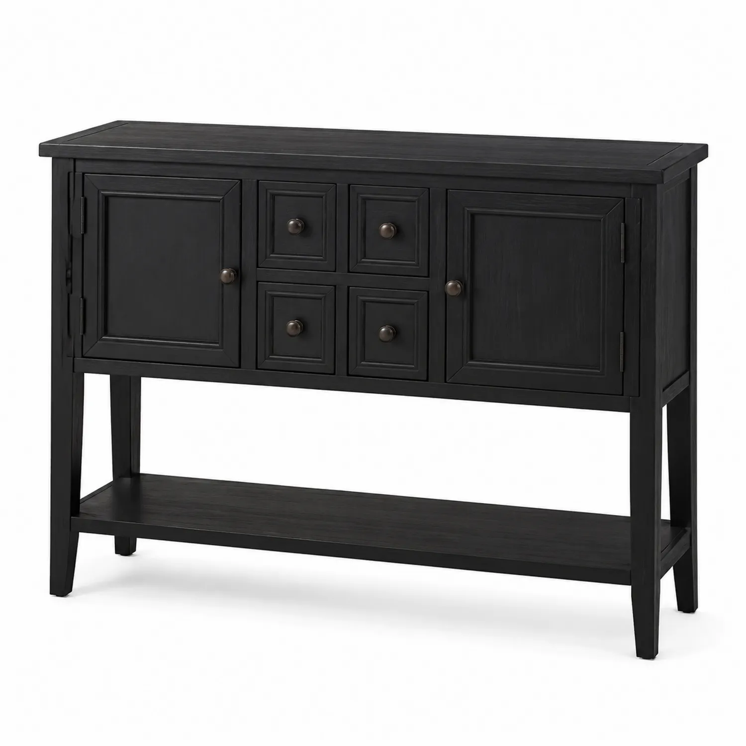Console en bois noir avec tiroirs et étagère
