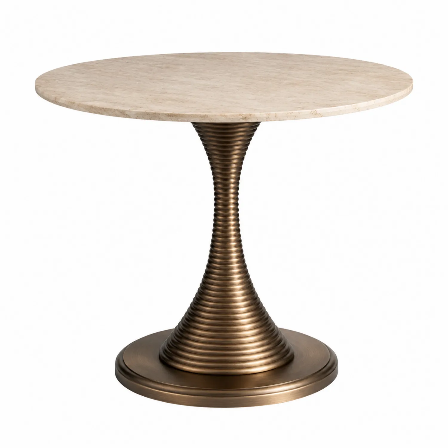 Table ronde en travertin et métal bronze diamètre 90 cm