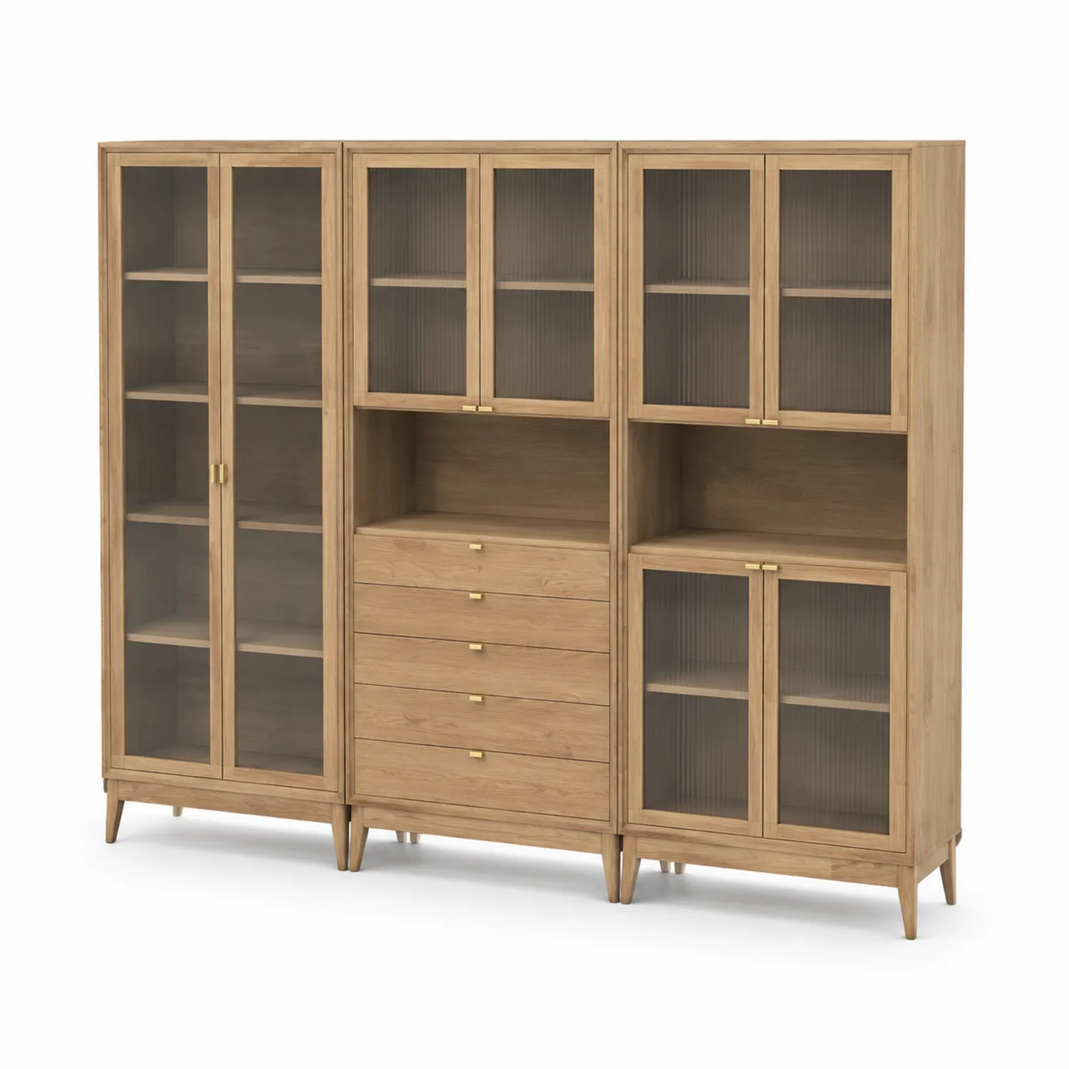 Bibliothèque en bois avec portes en verre ondulé