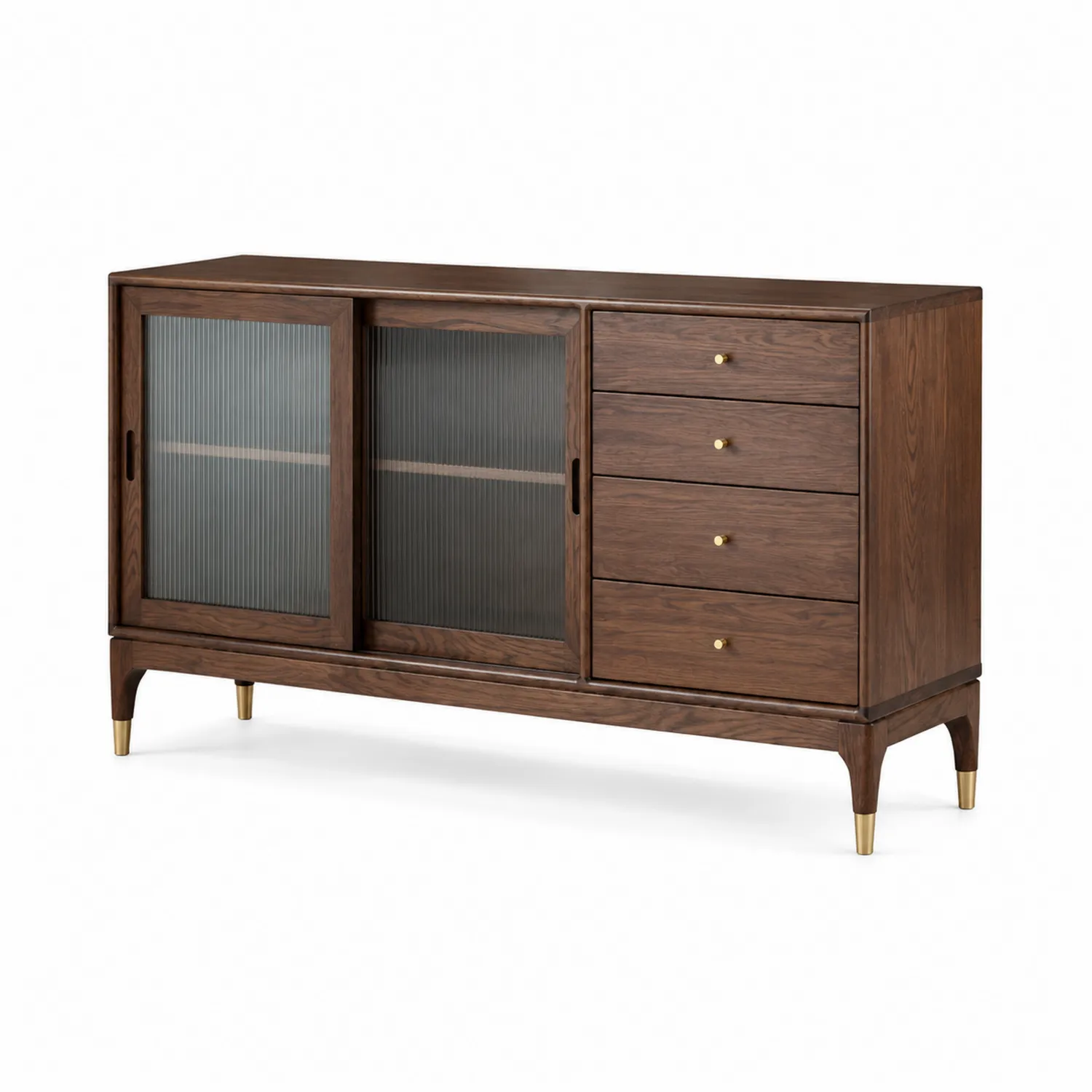 Buffet en bois de noyer avec portes coulissantes en verre et tiroirs