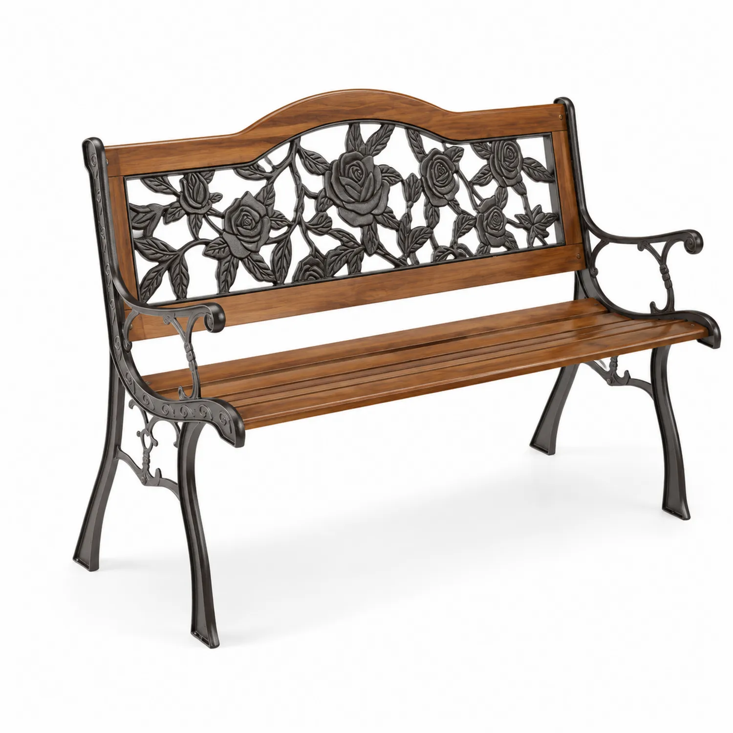 Banc de jardin en bois et fonte avec motif floral