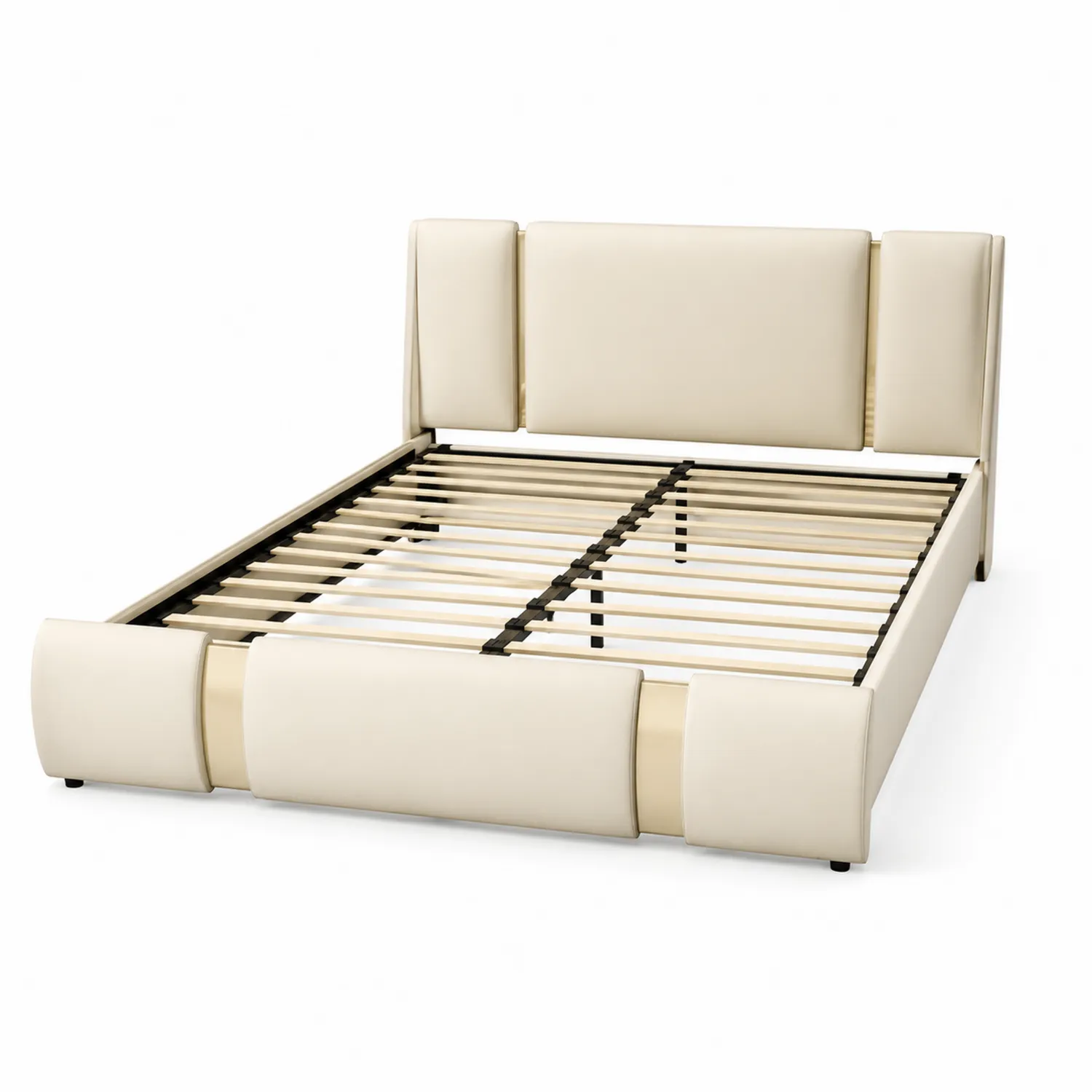 Lit double en cuir synthétique crème avec cadre en métal, 200x160 cm