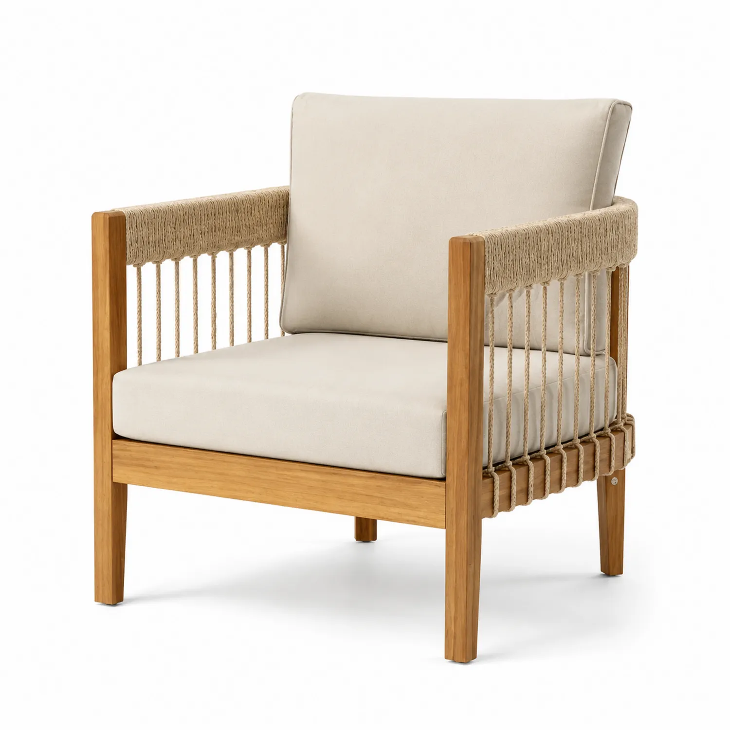Fauteuil en bois et corde avec coussins beiges